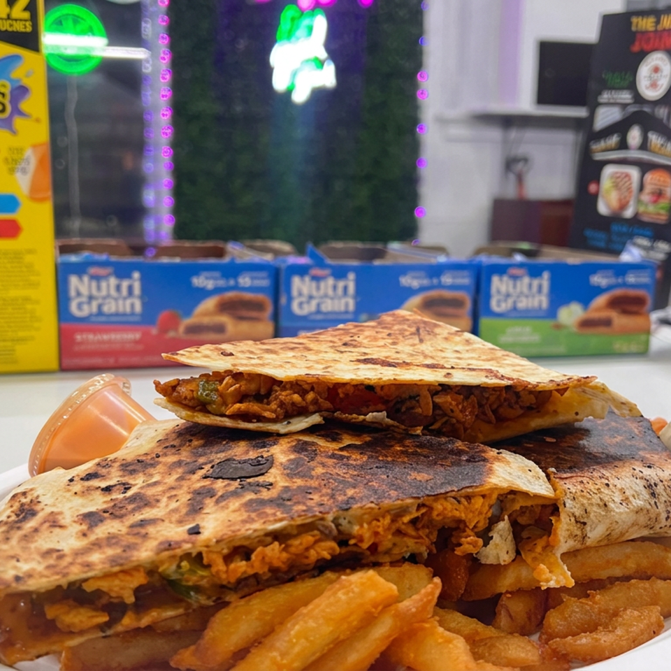 Two toasted quesadillas filled with seasoned meat and vegetables sit atop fries, with dipping sauces on a plate at a snack counter.