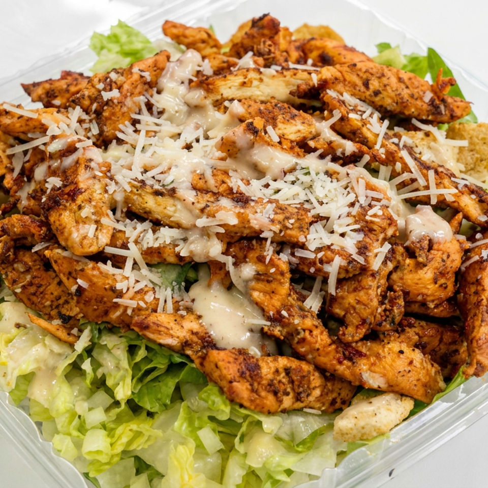 Grilled chicken Caesar salad with romaine lettuce, croutons, creamy dressing, and shredded Parmesan in a clear container.