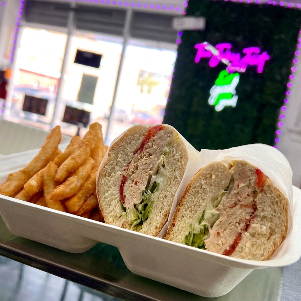 Packaged sandwich filled with tuna, lettuce, and tomato served alongside golden fries on a restaurant counter.